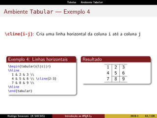 Tabelas Ambiente Tabular
Ambiente Tabular — Exemplo 4
cline{i-j}: Cria uma linha horizontal da coluna i até a coluna j
Exemplo 4: Linhas horizontais
begin{tabular}{l|c||r}
hline
1 & 2 & 3 
4 & 5 & 6  cline{2-3}
7 & 8 & 9 
hline
end{tabular}
Resultado
1 2 3
4 5 6
7 8 9
Rodrigo Smarzaro (X SACSIS) Introdução ao LATEX 2ε 2018-1 63 / 128
 