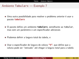 Tabelas Ambiente Tabularx
Ambiente Tabularx — Exemplo 7
Uma outra possibilidade para resolver o problema anterior é usar o
pacote tabularx
O pacote deﬁne um ambiente tabularx, semelhante ao tabular,
mas com um parâmetro e um especiﬁcador adicionais
Podemos deﬁnir a largura total da tabela, e
Usar o especiﬁcador de largura de coluna “X”, que deﬁne que a
coluna pode ser “esticada” até chegar à largura total para a tabela
Rodrigo Smarzaro (X SACSIS) Introdução ao LATEX 2ε 2018-1 66 / 128
 