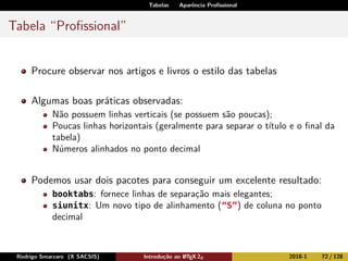 Tabelas Aparência Proﬁssional
Tabela “Proﬁssional”
Procure observar nos artigos e livros o estilo das tabelas
Algumas boas práticas observadas:
Não possuem linhas verticais (se possuem são poucas);
Poucas linhas horizontais (geralmente para separar o título e o ﬁnal da
tabela)
Números alinhados no ponto decimal
Podemos usar dois pacotes para conseguir um excelente resultado:
booktabs: fornece linhas de separação mais elegantes;
siunitx: Um novo tipo de alinhamento (“S”) de coluna no ponto
decimal
Rodrigo Smarzaro (X SACSIS) Introdução ao LATEX 2ε 2018-1 72 / 128
 