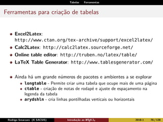 Tabelas Ferramentas
Ferramentas para criação de tabelas
Excel2Latex:
http://www.ctan.org/tex-archive/support/excel2latex/
Calc2Latex: http://calc2latex.sourceforge.net/
Online table editor: http://truben.no/latex/table/
LaTeX Table Generator: http://www.tablesgenerator.com/
Ainda há um grande números de pacotes e ambientes a se explorar
longtable - Permite criar uma tabela que ocupe mais de uma página
ctable - criação de notas de rodapé e ajuste de espaçamento na
legenda da tabela
arydshln - cria linhas pontilhadas verticais ou horizontais
Rodrigo Smarzaro (X SACSIS) Introdução ao LATEX 2ε 2018-1 76 / 128
 