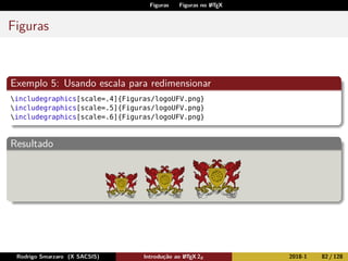 Figuras Figuras no LATEX
Figuras
Exemplo 5: Usando escala para redimensionar
includegraphics[scale=.4]{Figuras/logoUFV.png}
includegraphics[scale=.5]{Figuras/logoUFV.png}
includegraphics[scale=.6]{Figuras/logoUFV.png}
Resultado
Rodrigo Smarzaro (X SACSIS) Introdução ao LATEX 2ε 2018-1 82 / 128
 