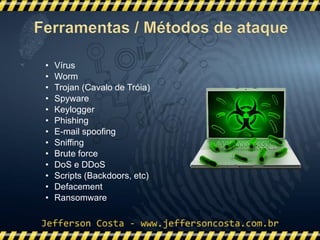 • Vírus
• Worm
• Trojan (Cavalo de Tróia)
• Spyware
• Keylogger
• Phishing
• E-mail spoofing
• Sniffing
• Brute force
• DoS e DDoS
• Scripts (Backdoors, etc)
• Defacement
• Ransomware
 