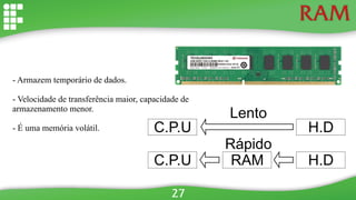 RAM
- Armazem temporário de dados.
- Velocidade de transferência maior, capacidade de
armazenamento menor.
- É uma memória volátil.
27
C.P.U H.D
Lento
C.P.U H.DRAM
Rápido
 