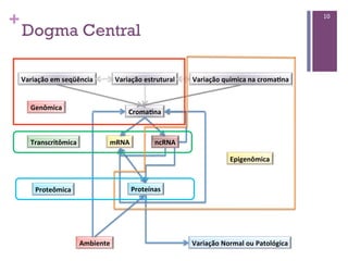 +
Dogma Central
10
Croma&na(
mRNA( ncRNA(
Proteínas(
Variação(Normal(ou(Patológica(Ambiente(
Variação(em(seqüência( Variação(estrutural( Variação(química(na(croma&na(
Epigenômica(
Genômica(
Transcritômica(
Proteômica(
 