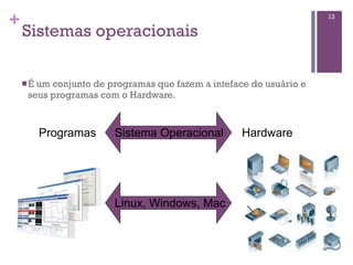 +
Sistemas operacionais
nÉ um conjunto de programas que fazem a inteface do usuário e
seus programas com o Hardware.
13
Programas HardwareSistema Operacional
Linux, Windows, Mac
 