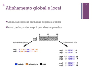 +
Alinhamento global e local
nGlobal: as seqs são alinhadas de ponta a ponta
nLocal: pedaços das seqs é que são comparados
70
 