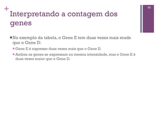 +
Interpretando a contagem dos
genes
nNo exemplo da tabela, o Gene E tem duas vezes mais reads
que o Gene D:
n Gene E é expresso duas vezes mais que o Gene D.
n Ambos os genes se expressam na mesma intensidade, mas o Gene E é
duas vezes maior que o Gene D.
92
 