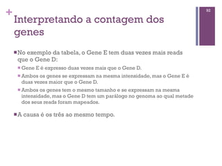 +
Interpretando a contagem dos
genes
nNo exemplo da tabela, o Gene E tem duas vezes mais reads
que o Gene D:
n Gene E é expresso duas vezes mais que o Gene D.
n Ambos os genes se expressam na mesma intensidade, mas o Gene E é
duas vezes maior que o Gene D.
n Ambos os genes tem o mesmo tamanho e se expressam na mesma
intensidade, mas o Gene D tem um parálogo no genoma ao qual metade
dos seus reads foram mapeados.
nA causa é os três ao mesmo tempo.
92
 