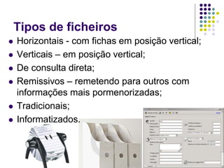Tipos de ficheiros








Horizontais - com fichas em posição vertical;
Verticais – em posição vertical;
De consulta direta;
Remissivos – remetendo para outros com
informações mais pormenorizadas;
Tradicionais;
Informatizados.

28

 