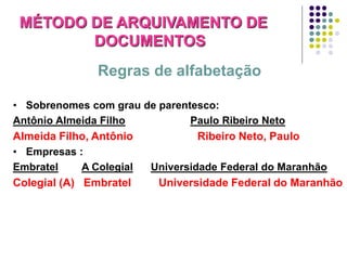 MÉTODO DE ARQUIVAMENTO DE
DOCUMENTOS
Regras de alfabetação
• Sobrenomes com grau de parentesco:
Antônio Almeida Filho
Paulo Ribeiro Neto
Almeida Filho, Antônio
Ribeiro Neto, Paulo
• Empresas :
Embratel
A Colegial
Universidade Federal do Maranhão
Colegial (A) Embratel
Universidade Federal do Maranhão

 