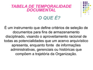 TABELA DE TEMPORALIDADE
DOCUMENTAL

O QUE É?
É um instrumento que define critérios de seleção de
documentos para fins de armazenamento
disciplinado, visando o aproveitamento racional de
todas as potencialidades que um acervo arquivístico
apresenta, enquanto fonte de informações
administrativas, gerenciais ou históricas que
compõem a trajetória da Organização.

 