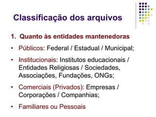 Classificação dos arquivos
1. Quanto às entidades mantenedoras
• Públicos: Federal / Estadual / Municipal;

• Institucionais: Institutos educacionais /
Entidades Religiosas / Sociedades,
Associações, Fundações, ONGs;
• Comerciais (Privados): Empresas /
Corporações / Companhias;
• Familiares ou Pessoais

 