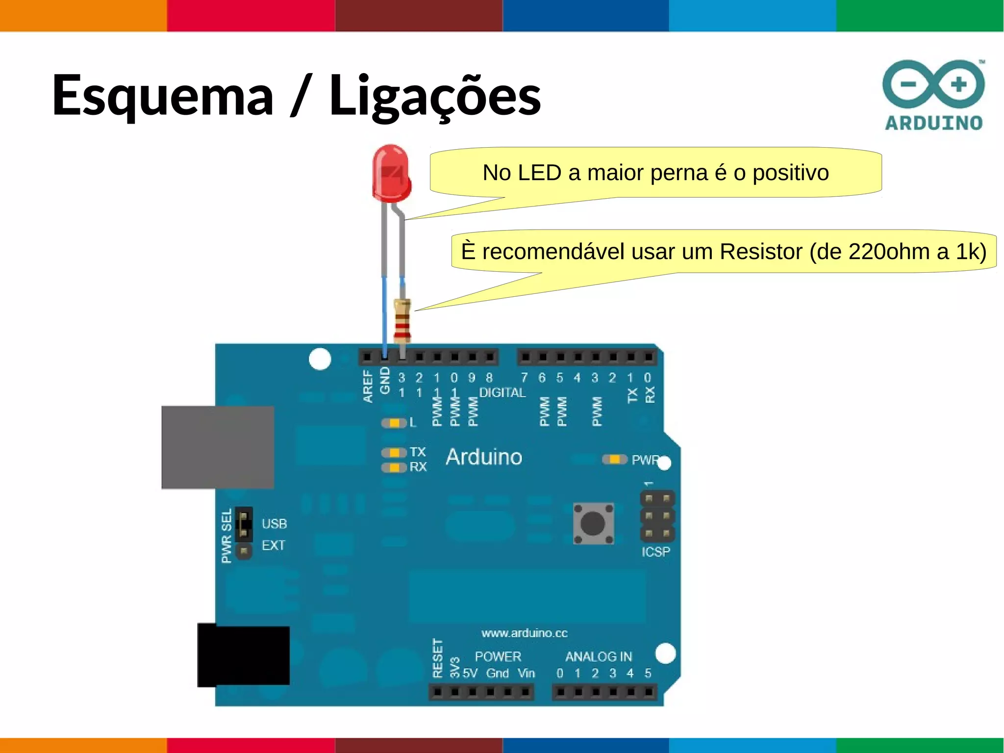 Esquema / Ligações
È recomendável usar um Resistor (de 220ohm a 1k)
No LED a maior perna é o positivo
 