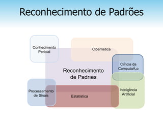 Reconhecimento de Padrões


   Conhecimento                   Cibernética
      Pericial


                                                 Ciência da
                                                Computação
                  Reconhecimento
                    de Padrões

 Processamento                                  Inteligência
    de Sinais                                     Artificial
                    Estatística
 