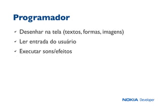 Programador
✔ Desenhar na tela (textos, formas, imagens)
✔ Ler entrada do usuário
✔ Executar sons/efeitos
 