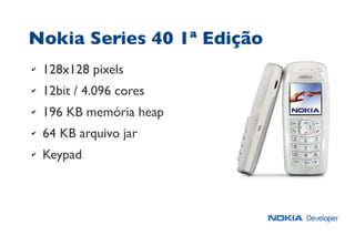 Nokia Series 40 1ª Edição
✔ 128x128 pixels
✔ 12bit / 4.096 cores
✔ 196 KB memória heap
✔ 64 KB arquivo jar
✔ Keypad
 