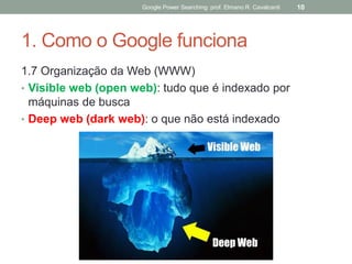 1. Como o Google funciona 
1.7 Organização da Web (WWW) 
•Visible web (open web): tudo que é indexado por máquinas de busca 
•Deep web (dark web): o que não está indexado 
Google Power Searching: prof. Elmano R. Cavalcanti 
10  