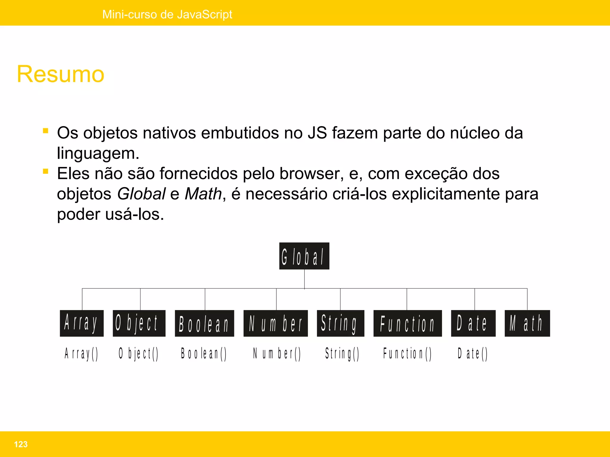 Mini-curso de JavaScript




Resumo

       Os objetos nativos embutidos no JS fazem parte do núcleo da
        linguagem.
       Eles não são fornecidos pelo browser, e, com exceção dos
        objetos Global e Math, é necessário criá-los explicitamente para
        poder usá-los.

                                                                 G lo b a l

         A r r a y O b j e c t B o o le a n N u m b e r S t r in g                             F u n c t io n       D ate      M ath
         A rray()      O b je c t ()   B o o le a n ( )   N u m b e r()       S t r in g ( )   F u n c t io n ( )   D ate ()




123
 