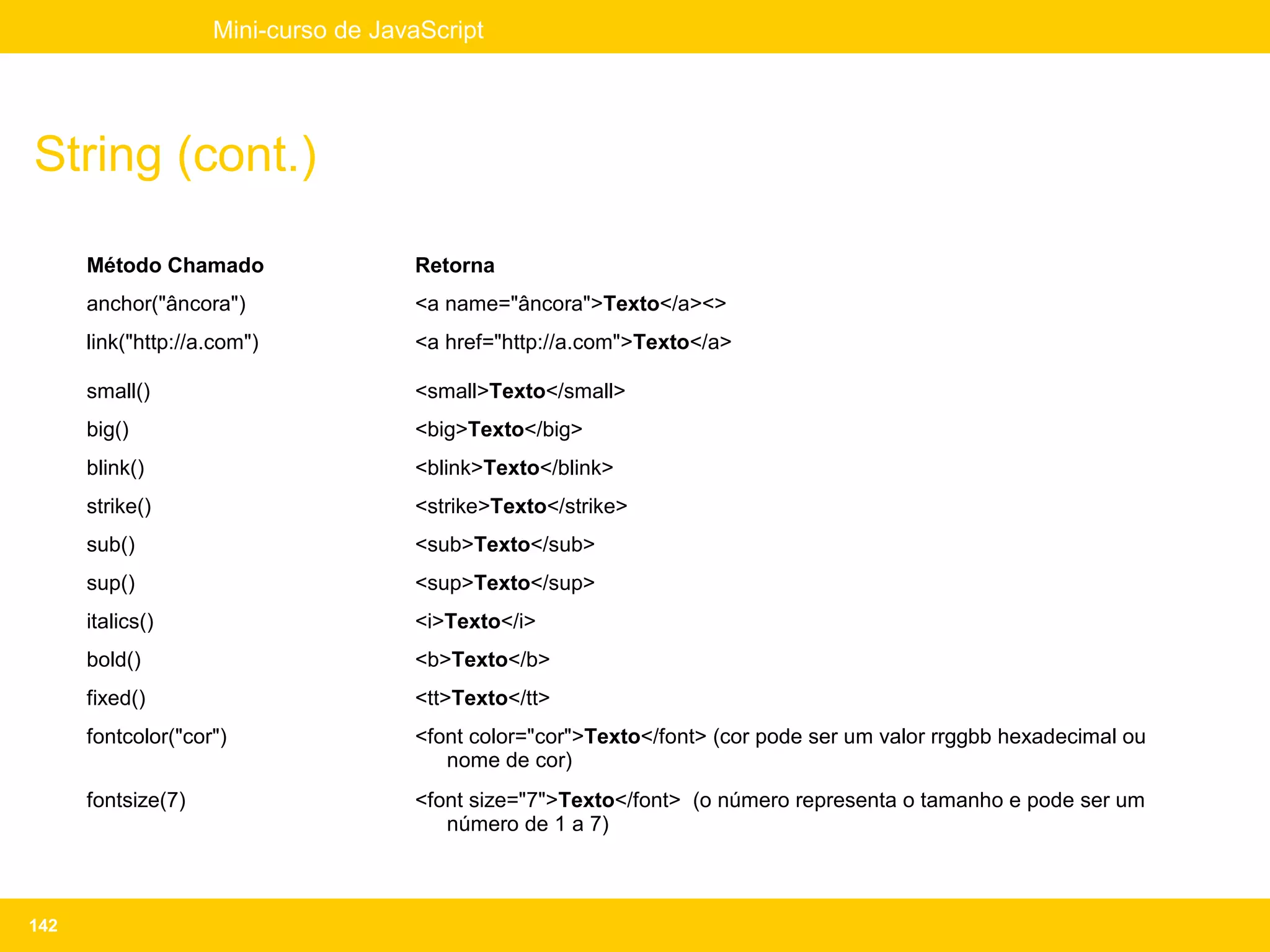 Mini-curso de JavaScript




String (cont.)

      Método Chamado                 Retorna
      anchor("âncora")               <a name="âncora">Texto</a><>
      link("http://a.com")           <a href="http://a.com">Texto</a>

      small()                        <small>Texto</small>
      big()                          <big>Texto</big>
      blink()                        <blink>Texto</blink>
      strike()                       <strike>Texto</strike>
      sub()                          <sub>Texto</sub>
      sup()                          <sup>Texto</sup>
      italics()                      <i>Texto</i>
      bold()                         <b>Texto</b>
      fixed()                        <tt>Texto</tt>
      fontcolor("cor")               <font color="cor">Texto</font> (cor pode ser um valor rrggbb hexadecimal ou
                                        nome de cor)
      fontsize(7)                    <font size="7">Texto</font> (o número representa o tamanho e pode ser um
                                        número de 1 a 7)



142
 