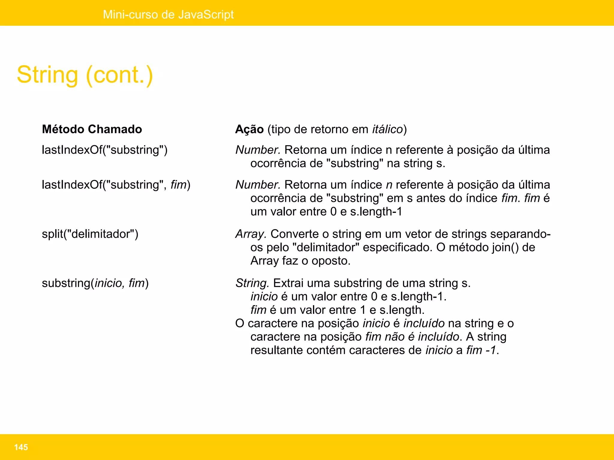 Mini-curso de JavaScript




String (cont.)

      Método Chamado                         Ação (tipo de retorno em itálico)
      lastIndexOf("substring")               Number. Retorna um índice n referente à posição da última
                                               ocorrência de "substring" na string s.
      lastIndexOf("substring", fim)          Number. Retorna um índice n referente à posição da última
                                               ocorrência de "substring" em s antes do índice fim. fim é
                                               um valor entre 0 e s.length-1
      split("delimitador")                   Array. Converte o string em um vetor de strings separando-
                                                os pelo "delimitador" especificado. O método join() de
                                                Array faz o oposto.
      substring(inicio, fim)                 String. Extrai uma substring de uma string s.
                                             • inicio é um valor entre 0 e s.length-1.
                                             • fim é um valor entre 1 e s.length.
                                             O caractere na posição inicio é incluído na string e o
                                                caractere na posição fim não é incluído. A string
                                                resultante contém caracteres de inicio a fim -1.




145
 