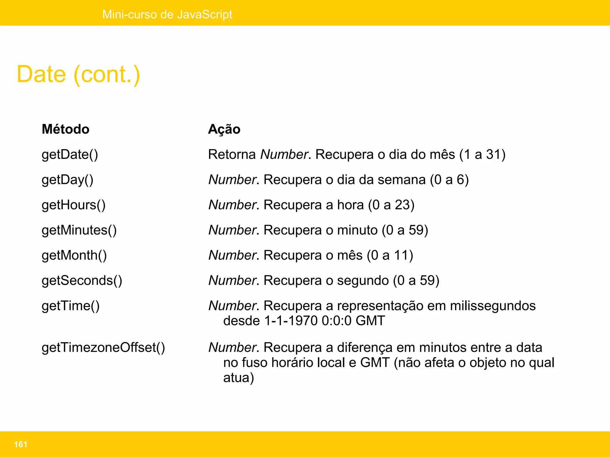 Mini-curso de JavaScript




Date (cont.)

      Método                         Ação
      getDate()                      Retorna Number. Recupera o dia do mês (1 a 31)
      getDay()                       Number. Recupera o dia da semana (0 a 6)
      getHours()                     Number. Recupera a hora (0 a 23)
      getMinutes()                   Number. Recupera o minuto (0 a 59)
      getMonth()                     Number. Recupera o mês (0 a 11)
      getSeconds()                   Number. Recupera o segundo (0 a 59)
      getTime()                      Number. Recupera a representação em milissegundos
                                       desde 1-1-1970 0:0:0 GMT
      getTimezoneOffset()            Number. Recupera a diferença em minutos entre a data
                                       no fuso horário local e GMT (não afeta o objeto no qual
                                       atua)



161
 