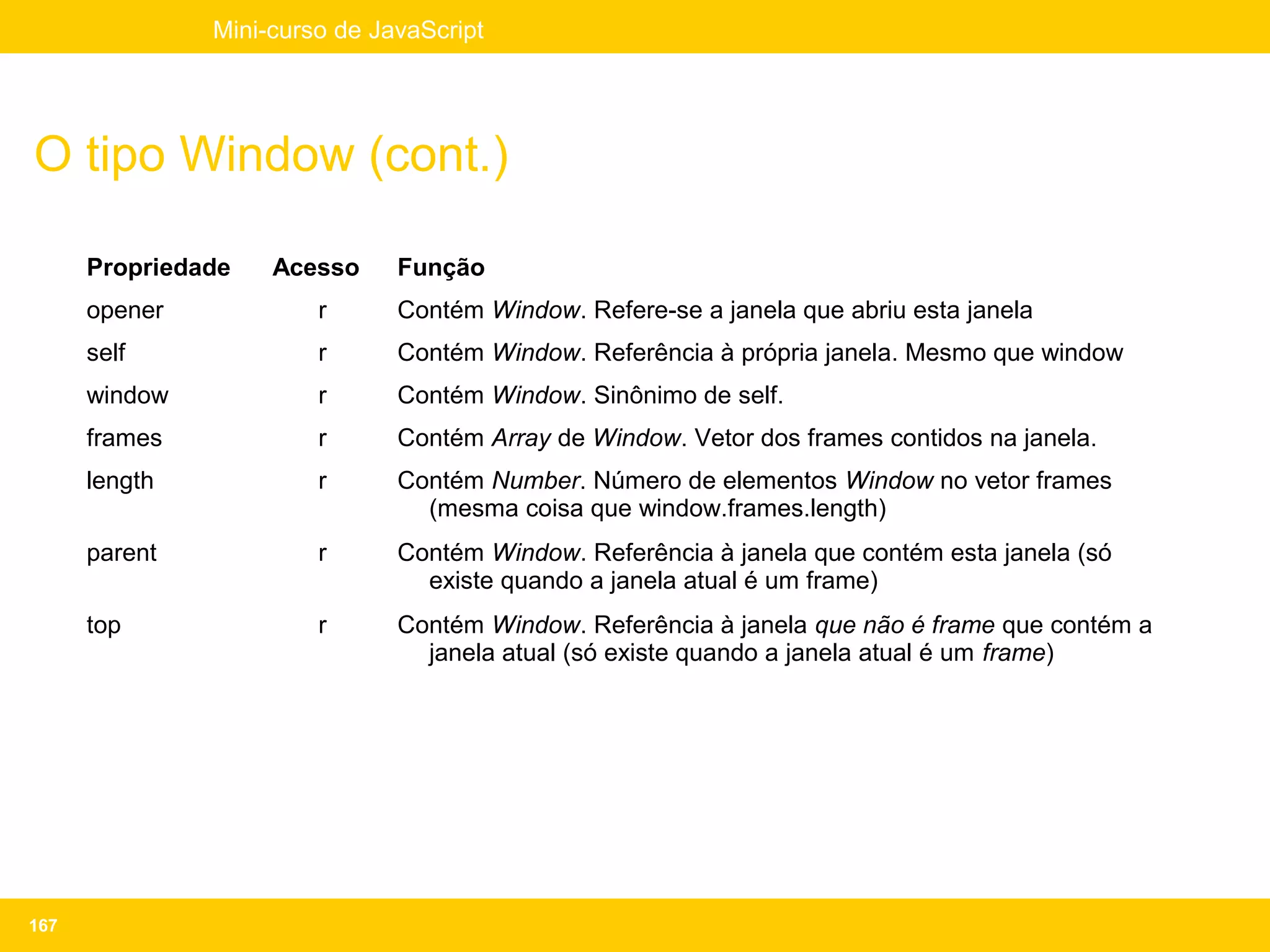 Mini-curso de JavaScript




O tipo Window (cont.)

      Propriedade   Acesso     Função
      opener            r      Contém Window. Refere-se a janela que abriu esta janela
      self              r      Contém Window. Referência à própria janela. Mesmo que window
      window            r      Contém Window. Sinônimo de self.
      frames            r      Contém Array de Window. Vetor dos frames contidos na janela.
      length            r      Contém Number. Número de elementos Window no vetor frames
                                 (mesma coisa que window.frames.length)
      parent            r      Contém Window. Referência à janela que contém esta janela (só
                                 existe quando a janela atual é um frame)
      top               r      Contém Window. Referência à janela que não é frame que contém a
                                 janela atual (só existe quando a janela atual é um frame)




167
 