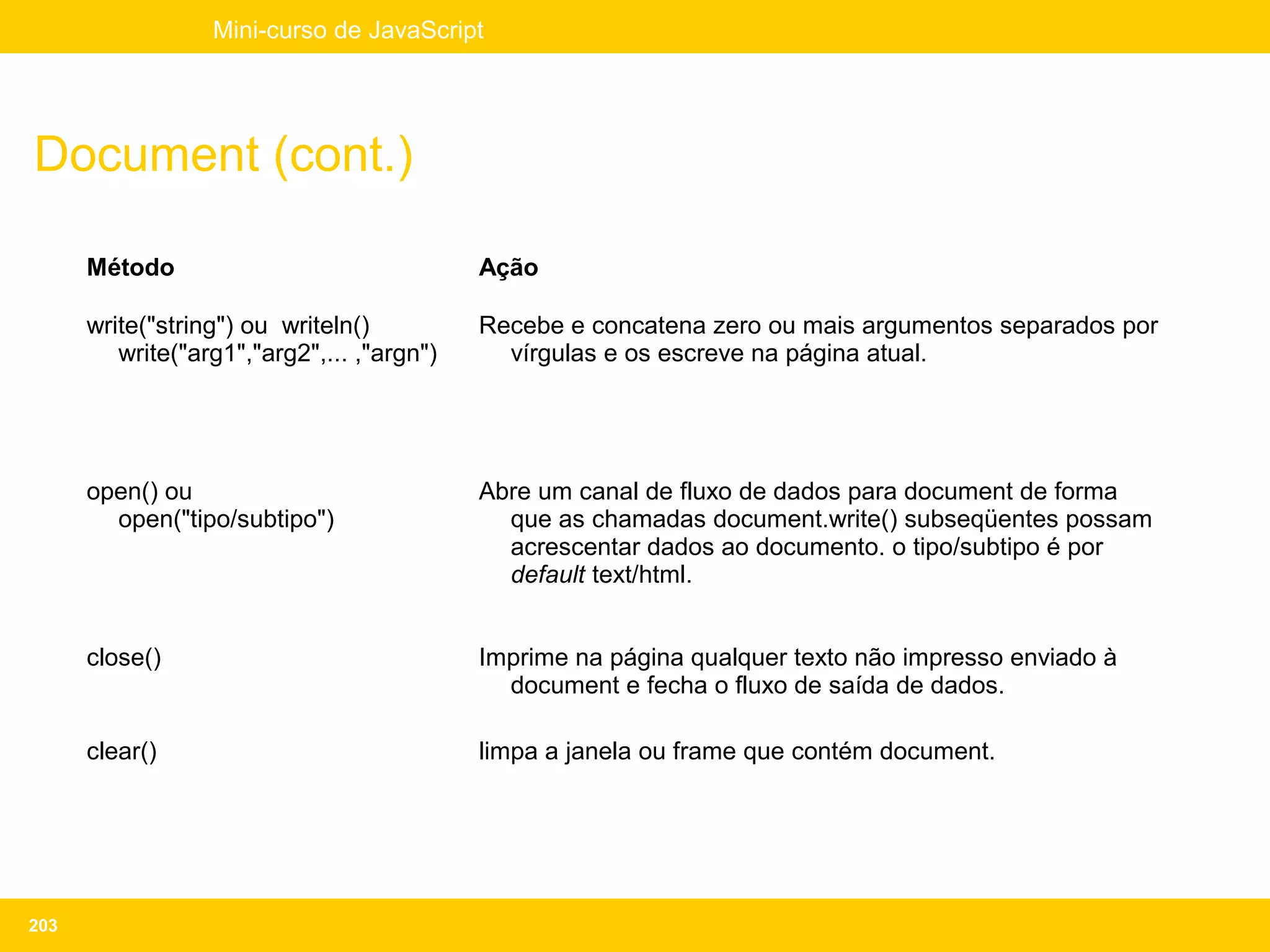 Mini-curso de JavaScript




Document (cont.)

      Método                                Ação

      write("string") ou writeln()          Recebe e concatena zero ou mais argumentos separados por
         write("arg1","arg2",... ,"argn")     vírgulas e os escreve na página atual.




      open() ou                             Abre um canal de fluxo de dados para document de forma
        open("tipo/subtipo")                  que as chamadas document.write() subseqüentes possam
                                              acrescentar dados ao documento. o tipo/subtipo é por
                                              default text/html.


      close()                               Imprime na página qualquer texto não impresso enviado à
                                              document e fecha o fluxo de saída de dados.

      clear()                               limpa a janela ou frame que contém document.




203
 