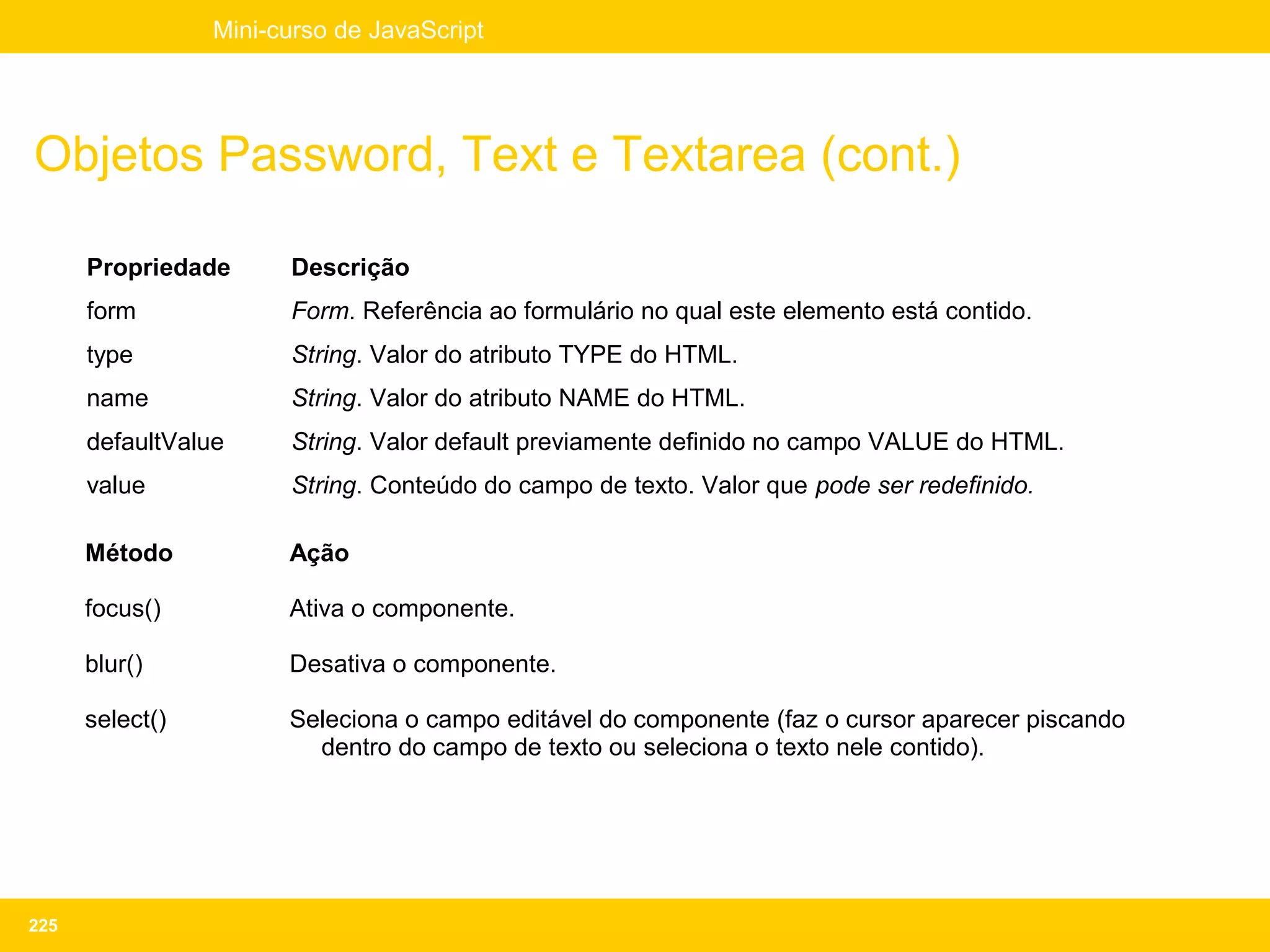 Mini-curso de JavaScript




Objetos Password, Text e Textarea (cont.)

      Propriedade      Descrição
      form             Form. Referência ao formulário no qual este elemento está contido.
      type             String. Valor do atributo TYPE do HTML.
      name             String. Valor do atributo NAME do HTML.
      defaultValue     String. Valor default previamente definido no campo VALUE do HTML.
      value            String. Conteúdo do campo de texto. Valor que pode ser redefinido.

      Método           Ação

      focus()          Ativa o componente.

      blur()           Desativa o componente.

      select()         Seleciona o campo editável do componente (faz o cursor aparecer piscando
                         dentro do campo de texto ou seleciona o texto nele contido).




225
 