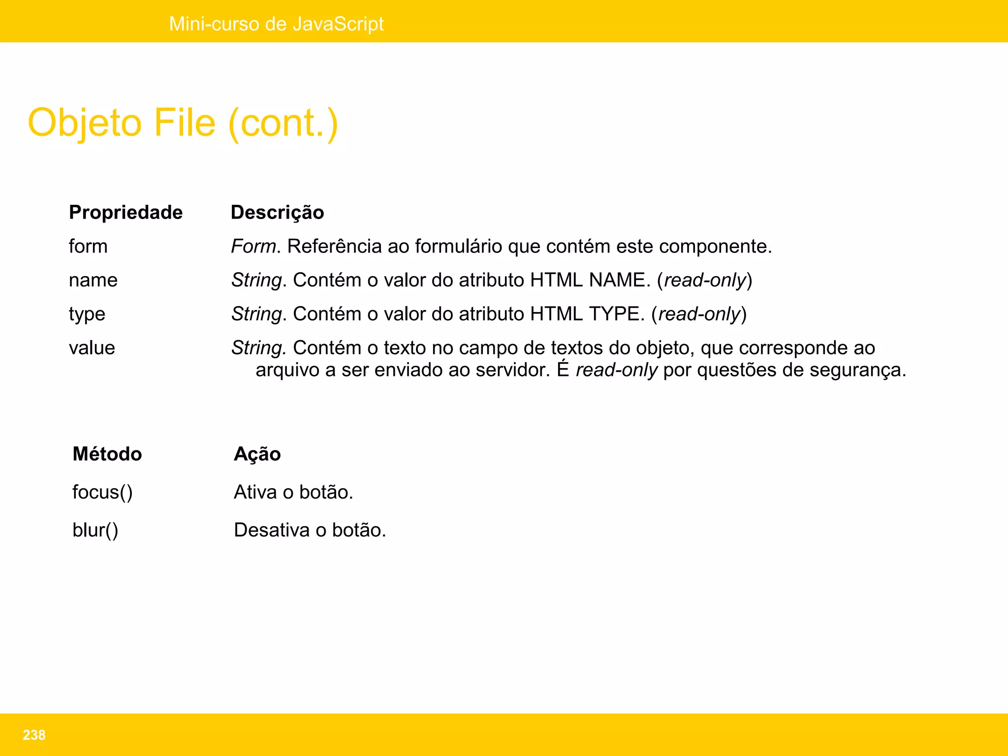 Mini-curso de JavaScript




Objeto File (cont.)

      Propriedade     Descrição
      form            Form. Referência ao formulário que contém este componente.
      name            String. Contém o valor do atributo HTML NAME. (read-only)
      type            String. Contém o valor do atributo HTML TYPE. (read-only)
      value           String. Contém o texto no campo de textos do objeto, que corresponde ao
                         arquivo a ser enviado ao servidor. É read-only por questões de segurança.



      Método           Ação
      focus()          Ativa o botão.
      blur()           Desativa o botão.




238
 