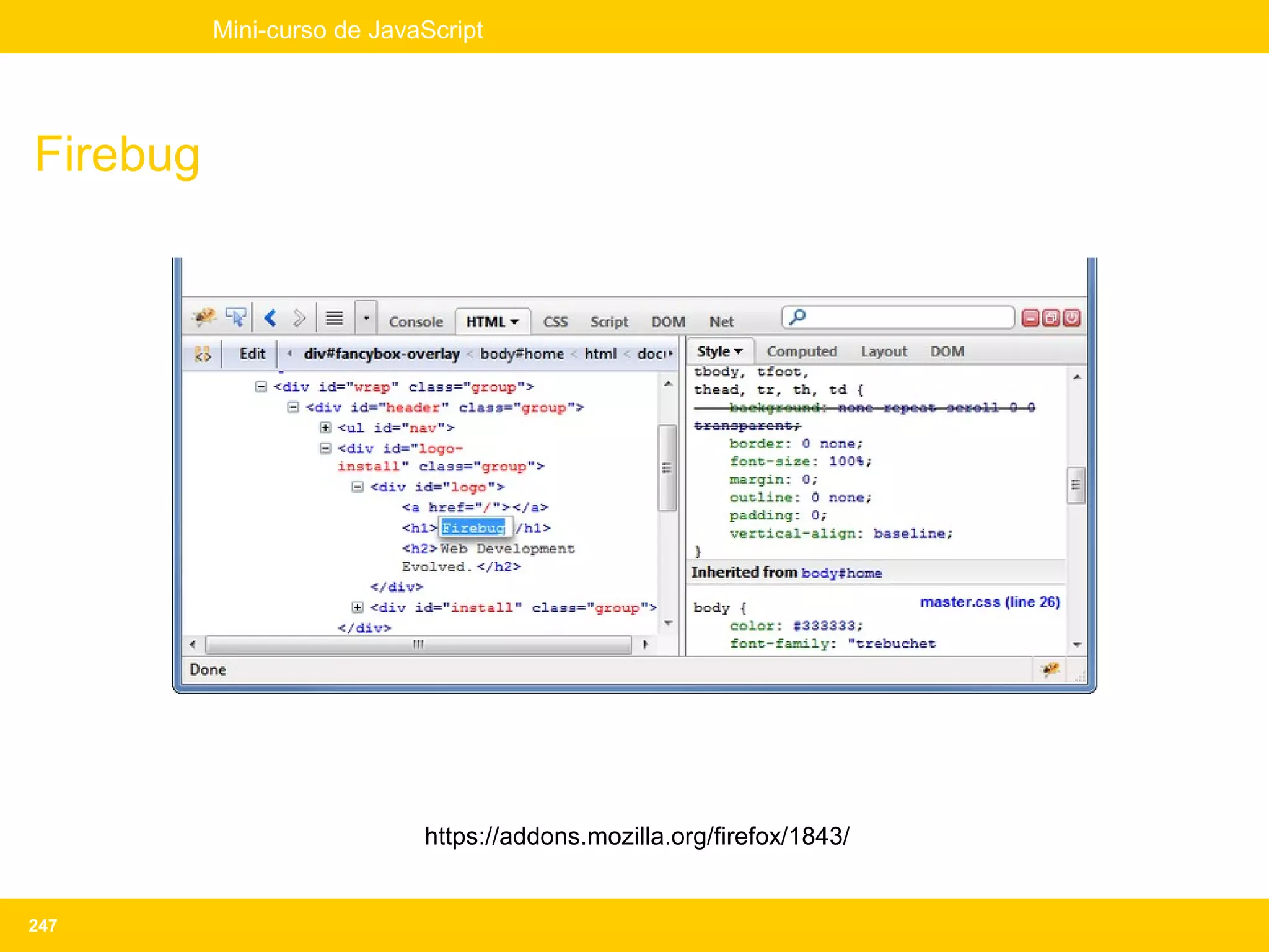 Mini-curso de JavaScript




Firebug




                            https://addons.mozilla.org/firefox/1843/


247
 