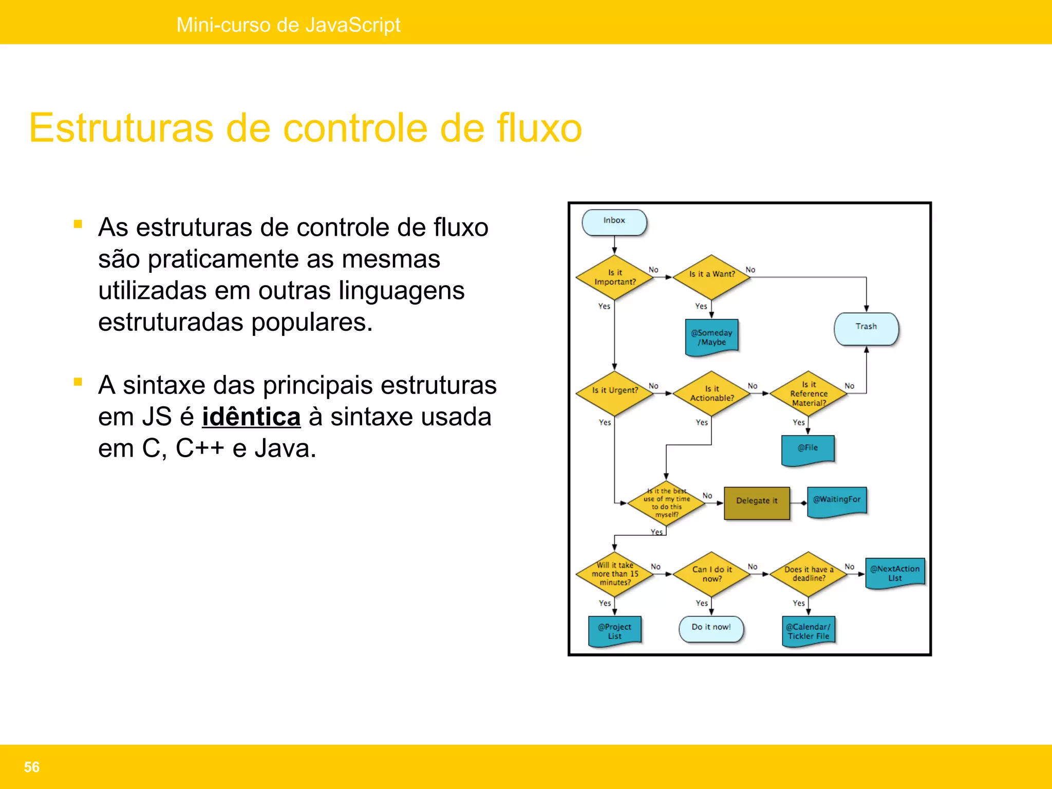 Mini-curso de JavaScript




Estruturas de controle de fluxo

      As estruturas de controle de fluxo
       são praticamente as mesmas
       utilizadas em outras linguagens
       estruturadas populares.

      A sintaxe das principais estruturas
       em JS é idêntica à sintaxe usada
       em C, C++ e Java.




56
 