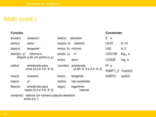 Mini-curso de JavaScript




Math (cont.)

      Funções                                                             Constantes
      acos(x)     cosseno-1              abs(x)      absoluto             E e
      asin(x)     seno-1                 max(a, b)     máximo             LN10     ln 10
      atan(x)     tangente-1             min(a, b) mínimo                 LN2      ln 2
      atan2(x, y)  retorna o             pow(x, y)     xy                 LOG10E   log10 e
          ângulo q de um ponto (x,y)
                                         sin(x)      seno                 LOG2E    log2 e
      ceil(x)     arredonda para         round(x) arredonda               PI p
                 cima (3.2 e 3.8  4)              (3.49  3 e 3.5  4)
                                                                          SQRT1_2 1/sqrt(2)
      cos(x)      cosseno                tan(x)      tangente             SQRT2    sqrt(2)
      exp(x)      ex                     sqrt(x)     raiz quadrada
      floor(x)    arredonda para         log(x)      logarítmo
                 baixo (3.2 e 3.8  3)                     natural
      random() retorna um número pseudo-aleatório
              entre 0 e 1.



157
 