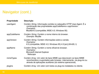 Mini-curso de JavaScript




Navigator (cont.)

      Propriedade          Descrição
      userAgent            Contém String. Informação contida no cabeçalho HTTP User-Agent. É a
                             combinação das propriedades appCodeName e appVersion.
                             Exemplos:
                             Mozilla/4.0 (compatible; MSIE 4.0; Windows 95)
      appCodeName          Contém String. Contém o nome interno do browser.
                             Exemplo: Mozilla
      appVersion           Contém String. Contém informações sobre a versão.
                             Exemplos:
                             4.0 (compatible; MSIE 4.0; Windows 95) 4.5 [en] (Win95; I)
      appName              Contém String. Contém o nome oficial do browser.
                             Exemplos:
                             Microsoft Internet Explorer
                              Netscape
      mimeTypes            Contém Array. Um vetor de tipos MIME que descrevem os tipos MIME
                             reconhecidos e suportados pelo browser, internamente, via plug-ins ou
                             através de aplicações auxiliares (do sistema operacional).
      plugins              Contém Array. Um vetor com todos os plug-ins instalados no cliente.


194
 