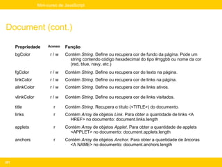 Mini-curso de JavaScript




Document (cont.)

      Propriedade       Acesso   Função
      bgColor            r/w     Contém String. Define ou recupera cor de fundo da página. Pode um
                                   string contendo código hexadecimal do tipo #rrggbb ou nome da cor
                                   (red, blue, navy, etc.)
      fgColor            r/w     Contém String. Define ou recupera cor do texto na página.
      linkColor          r/w     Contém String. Define ou recupera cor de links na página.
      alinkColor         r/w     Contém String. Define ou recupera cor de links ativos.

      vlinkColor         r/w     Contém String. Define ou recupera cor de links visitados.

      title                r     Contém String. Recupera o título (<TITLE>) do documento.
      links                r     Contém Array de objetos Link. Para obter a quantidade de links <A
                                   HREF> no documento: document.links.length
      applets              r     Contém Array de objetos Applet. Para obter a quantidade de applets
                                   <APPLET> no documento: document.applets.length
      anchors              r     Contém Array de objetos Anchor. Para obter a quantidade de âncoras
                                   <A NAME> no documento: document.anchors.length



201
 