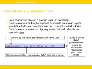 Mini-curso de JavaScript




Construtores e o operador “new”

      Para criar novos objetos é preciso usar um construtor.
      O construtor é uma função especial associada ao tipo do objeto
       que define todas as características que os objetos criados terão.
      O construtor cria um novo objeto quando chamado através do
       operador new.

          Variável do tipo object que armazena um objeto Date            Chama a função
                                                                              Date()
                                                                         (construtor) que
     dataViagem = new Date(2006, 02, 27);                                   retorna as
                                                                           informações
                                                                           necessárias
                                                                            para criar o
     Utiliza as informações retornadas por Date() para criar o objeto.        objeto.




84
 