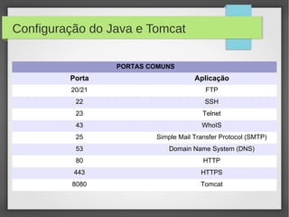 Configuração do Java e Tomcat
PORTAS COMUNS

Porta

Aplicação

20/21

FTP

22

SSH

23

Telnet

43

WhoIS

25

Simple Mail Transfer Protocol (SMTP)

53

Domain Name System (DNS)

80

HTTP

443

HTTPS

8080

Tomcat

 