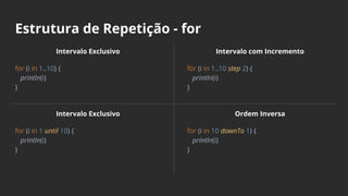 Estrutura de Repetição - for
Intervalo Exclusivo
for (i in 1..10) {
println(i)
}
Intervalo Exclusivo
for (i in 1 until 10) {
println(i)
}
Intervalo com Incremento
for (i in 1..10 step 2) {
println(i)
}
Ordem Inversa
for (i in 10 downTo 1) {
println(i)
}
 