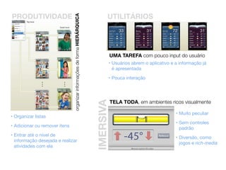 PRODUTIVIDADE                                                                      UTILITÁRIOS




                               organizar informações de forma HIERÁRQUICA
                                                                                       UMA TAREFA com pouco input do usuário
                                                                                       • Usuários abrem o aplicativo e a informação já
                                                                                         é apresentada

                                                                                       • Pouca interação




                                                                                       TELA TODA, em ambientes ricos visualmente
                                                                            IMERSIVA
                                                                                                                       • Muito peculiar
• Organizar listas
                                                                                                                       • Sem controles
• Adicionar ou remover itens
                                                                                                                         padrão
• Entrar até o nível de
                                                                                                                       • Diversão, como
  informação desejada e realizar
                                                                                                                         jogos e rich-media
  atividades com ela
 
