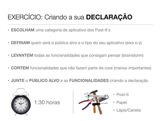 EXERCÍCIO: Criando a sua DECLARAÇÃO
• ESCOLHAM uma categoria de aplicativo dos Post-It`s
• DEFINAM quem será o público alvo e o tipo do seu aplicativo (eixo x-y)
• LEVANTEM todas as funcionalidades que consigam pensar (brainstorm)
• CORTEM funcionalidades que não fazem parte do core (menos importantes)
• JUNTE o PÚBLICO ALVO e as FUNCIONALIDADES criando a declaração
1:30 horas
• Post-It
• Papel
• Lápis/Caneta
 
