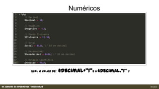XII Jornada da Informática - Unicesumar 09.2013
Qual o valor de: $decimal+”1”e a $decimal.”1” ?
 