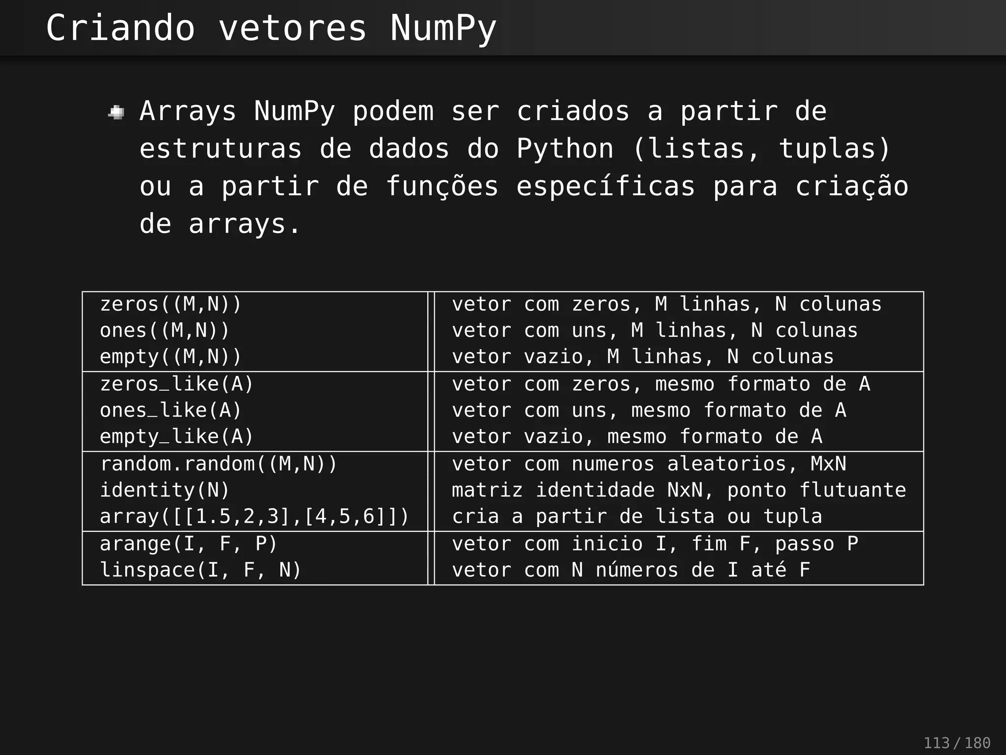 Criando vetores NumPy
Arrays NumPy podem ser criados a partir de
estruturas de dados do Python (listas, tuplas)
ou a partir de funções específicas para criação
de arrays.
zeros((M,N)) vetor com zeros, M linhas, N colunas
ones((M,N)) vetor com uns, M linhas, N colunas
empty((M,N)) vetor vazio, M linhas, N colunas
zeros_like(A) vetor com zeros, mesmo formato de A
ones_like(A) vetor com uns, mesmo formato de A
empty_like(A) vetor vazio, mesmo formato de A
random.random((M,N)) vetor com numeros aleatorios, MxN
identity(N) matriz identidade NxN, ponto flutuante
array([[1.5,2,3],[4,5,6]]) cria a partir de lista ou tupla
arange(I, F, P) vetor com inicio I, fim F, passo P
linspace(I, F, N) vetor com N números de I até F
113 / 180
 