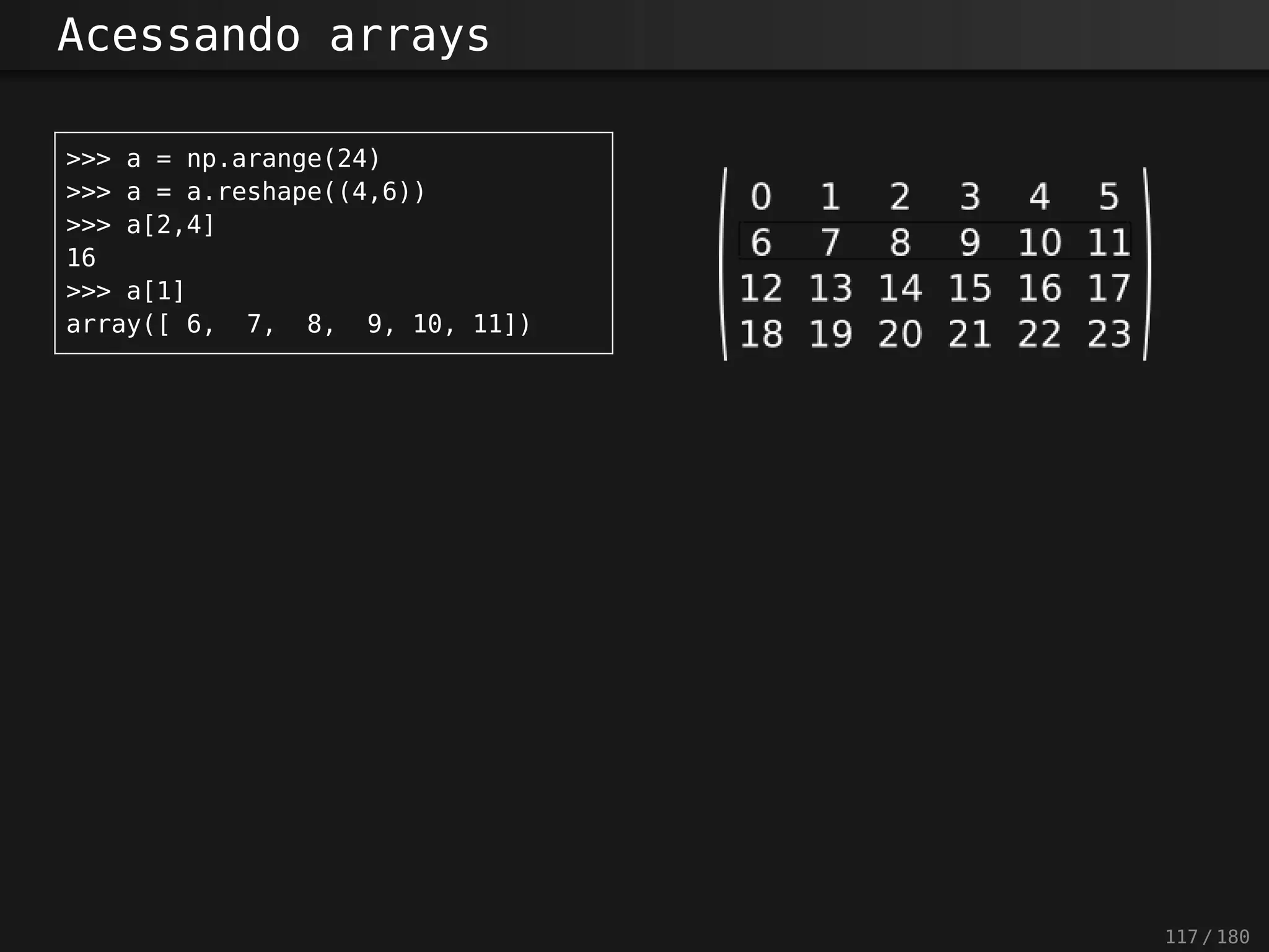 Acessando arrays
>>> a = np.arange(24)
>>> a = a.reshape((4,6))
>>> a[2,4]
16
>>> a[1]
array([ 6, 7, 8, 9, 10, 11])
117 / 180
 