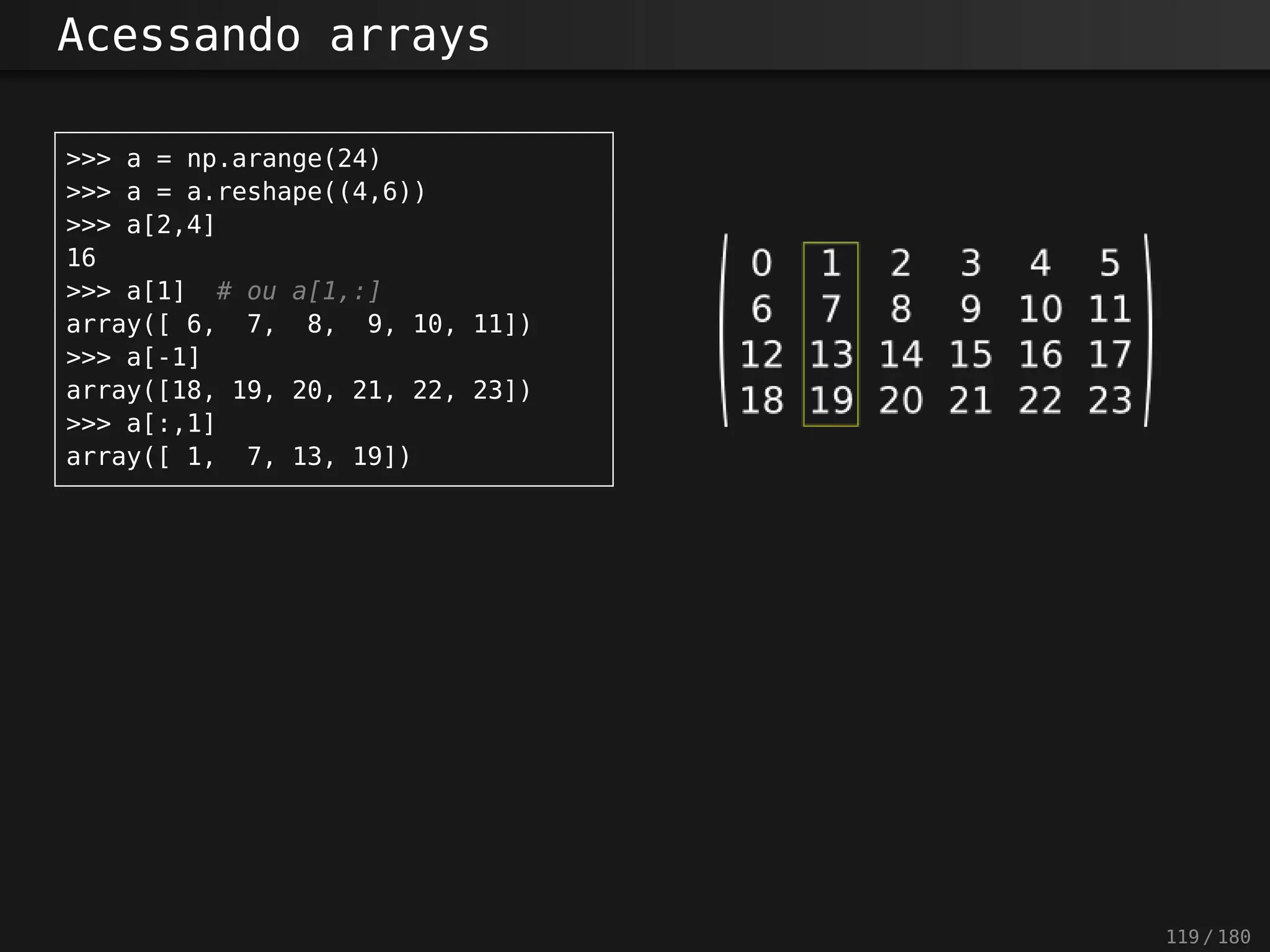 Acessando arrays
>>> a = np.arange(24)
>>> a = a.reshape((4,6))
>>> a[2,4]
16
>>> a[1] # ou a[1,:]
array([ 6, 7, 8, 9, 10, 11])
>>> a[-1]
array([18, 19, 20, 21, 22, 23])
>>> a[:,1]
array([ 1, 7, 13, 19])
119 / 180
 