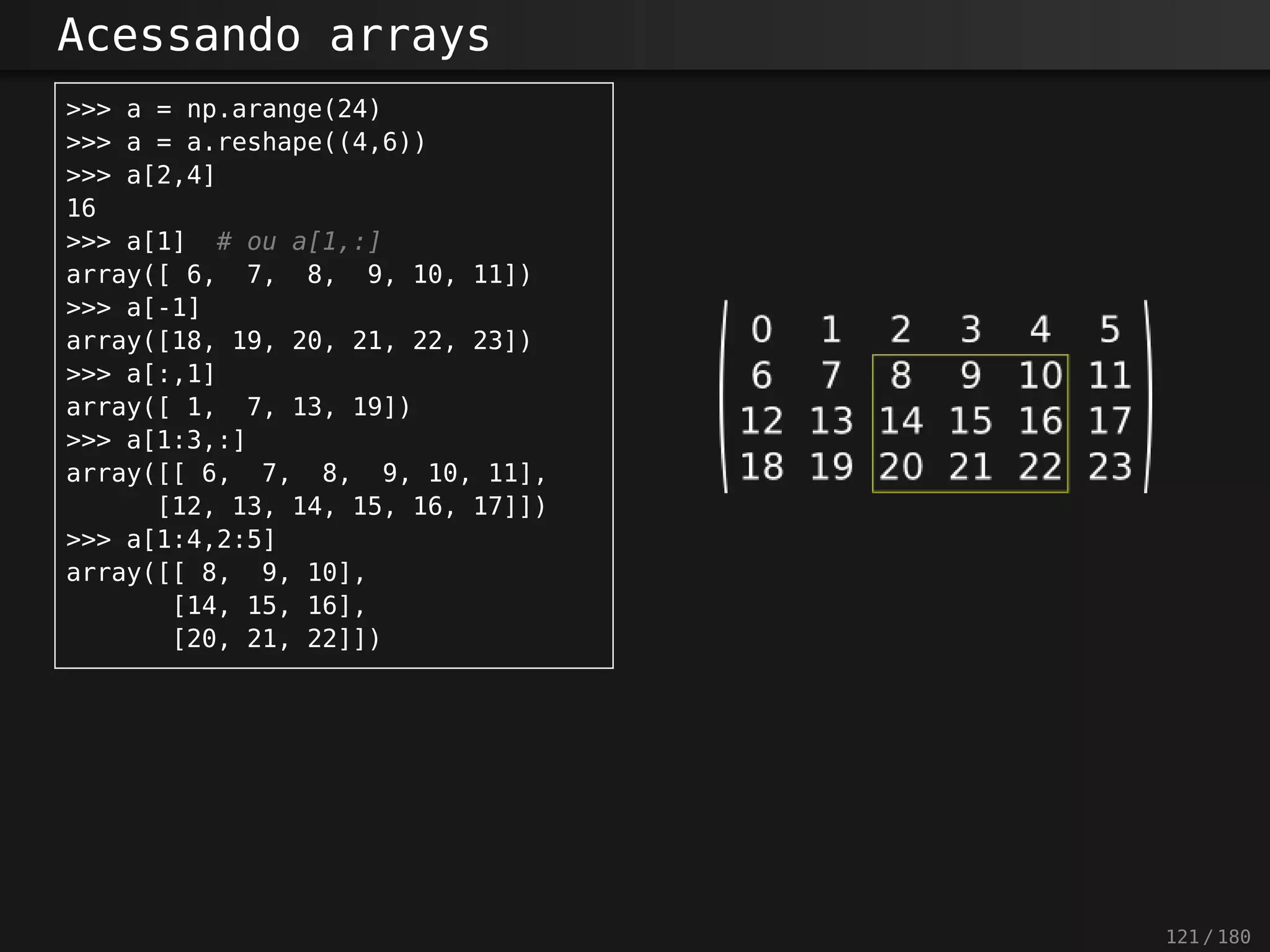 Acessando arrays
>>> a = np.arange(24)
>>> a = a.reshape((4,6))
>>> a[2,4]
16
>>> a[1] # ou a[1,:]
array([ 6, 7, 8, 9, 10, 11])
>>> a[-1]
array([18, 19, 20, 21, 22, 23])
>>> a[:,1]
array([ 1, 7, 13, 19])
>>> a[1:3,:]
array([[ 6, 7, 8, 9, 10, 11],
[12, 13, 14, 15, 16, 17]])
>>> a[1:4,2:5]
array([[ 8, 9, 10],
[14, 15, 16],
[20, 21, 22]])
121 / 180
 