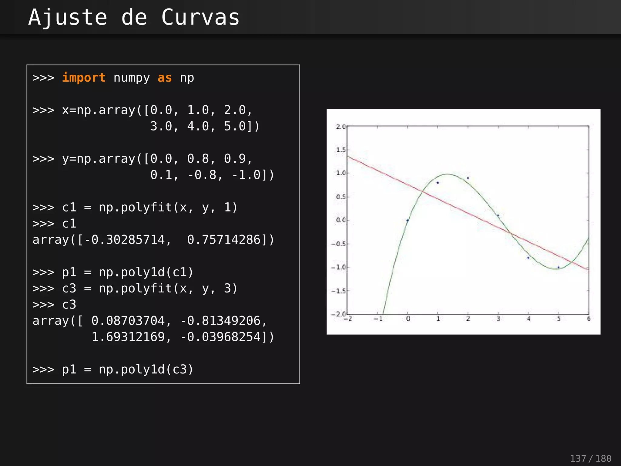 Ajuste de Curvas
>>> import numpy as np
>>> x=np.array([0.0, 1.0, 2.0,
3.0, 4.0, 5.0])
>>> y=np.array([0.0, 0.8, 0.9,
0.1, -0.8, -1.0])
>>> c1 = np.polyfit(x, y, 1)
>>> c1
array([-0.30285714, 0.75714286])
>>> p1 = np.poly1d(c1)
>>> c3 = np.polyfit(x, y, 3)
>>> c3
array([ 0.08703704, -0.81349206,
1.69312169, -0.03968254])
>>> p1 = np.poly1d(c3)
137 / 180
 