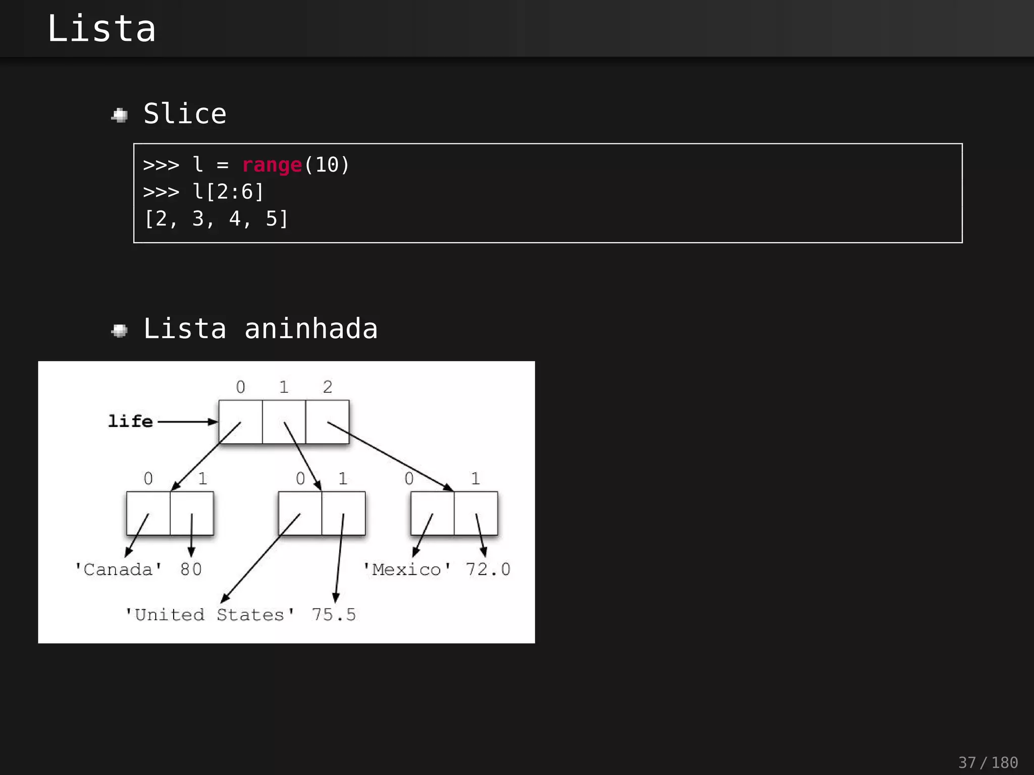 Lista
Slice
>>> l = range(10)
>>> l[2:6]
[2, 3, 4, 5]
Lista aninhada
37 / 180
 