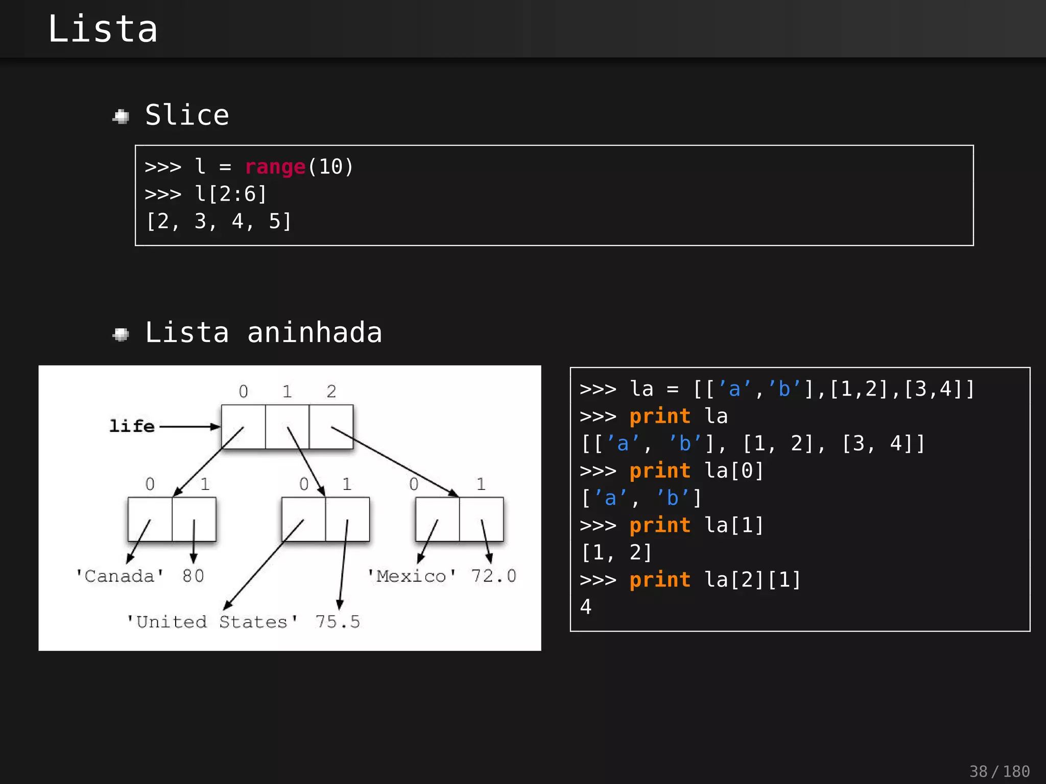 Lista
Slice
>>> l = range(10)
>>> l[2:6]
[2, 3, 4, 5]
Lista aninhada
>>> la = [[’a’,’b’],[1,2],[3,4]]
>>> print la
[[’a’, ’b’], [1, 2], [3, 4]]
>>> print la[0]
[’a’, ’b’]
>>> print la[1]
[1, 2]
>>> print la[2][1]
4
38 / 180
 