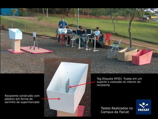 Tag Etiqueta RFID) fixada em um
suporte e colocada no interior do
recipiente
Recipiente construído com
plástico em forma de
carrinho de supermercado
Testes Realizados no
Campus da Faccat
 