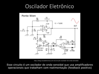 Oscilador Eletrônico
Esse circuito é um oscilador de onda senoidal que usa amplificadores
operacionais que trabalham com realimentação (feedback positivo)
http://blog.novaeletronica.com.br/circuito-oscilador-de-onda-senoidal/
Ponte Wien
 