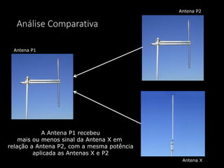 Antena P2
Antena X
A Antena P1 recebeu
mais ou menos sinal da Antena X em
relação a Antena P2, com a mesma potência
aplicada as Antenas X e P2
Antena P1
Análise Comparativa
 